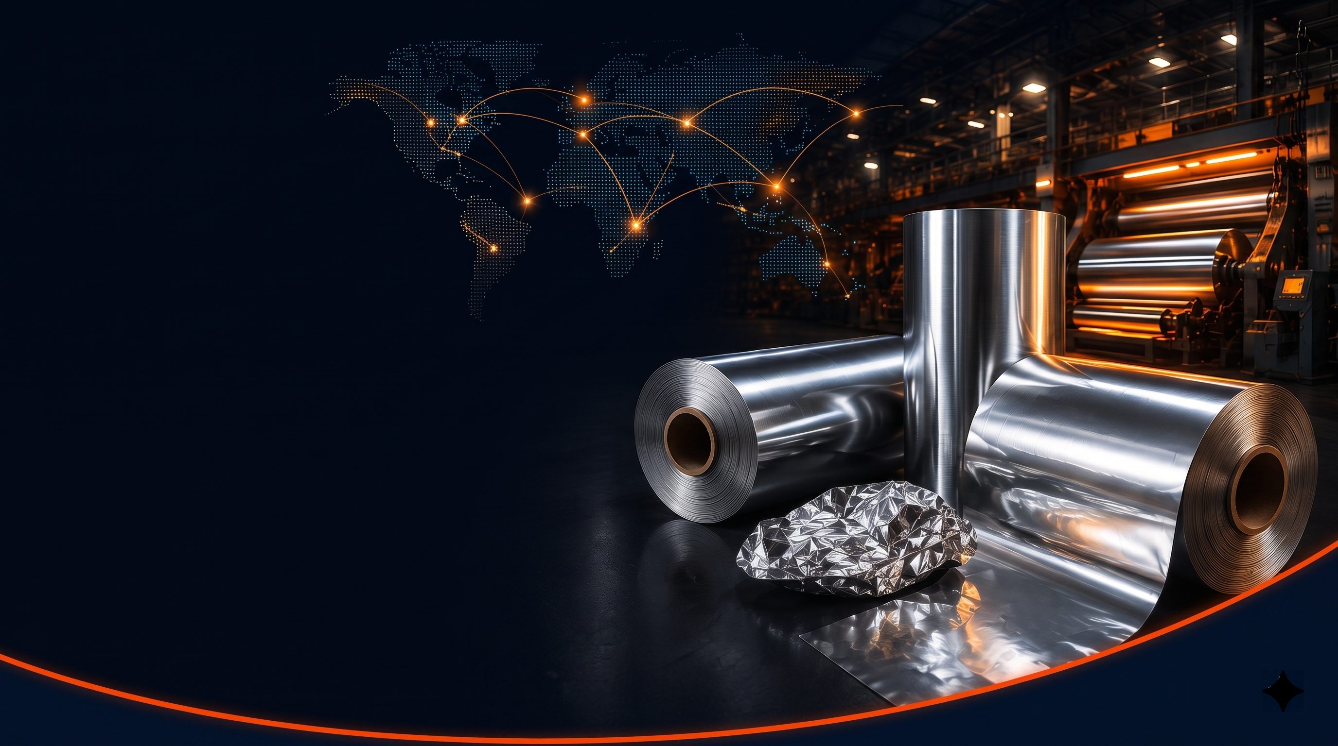 Aluminium foil rolls, an unrolled reflective foil sheet and rolling-mill machinery in a dark industrial facility, with a digital world map showing global export routes