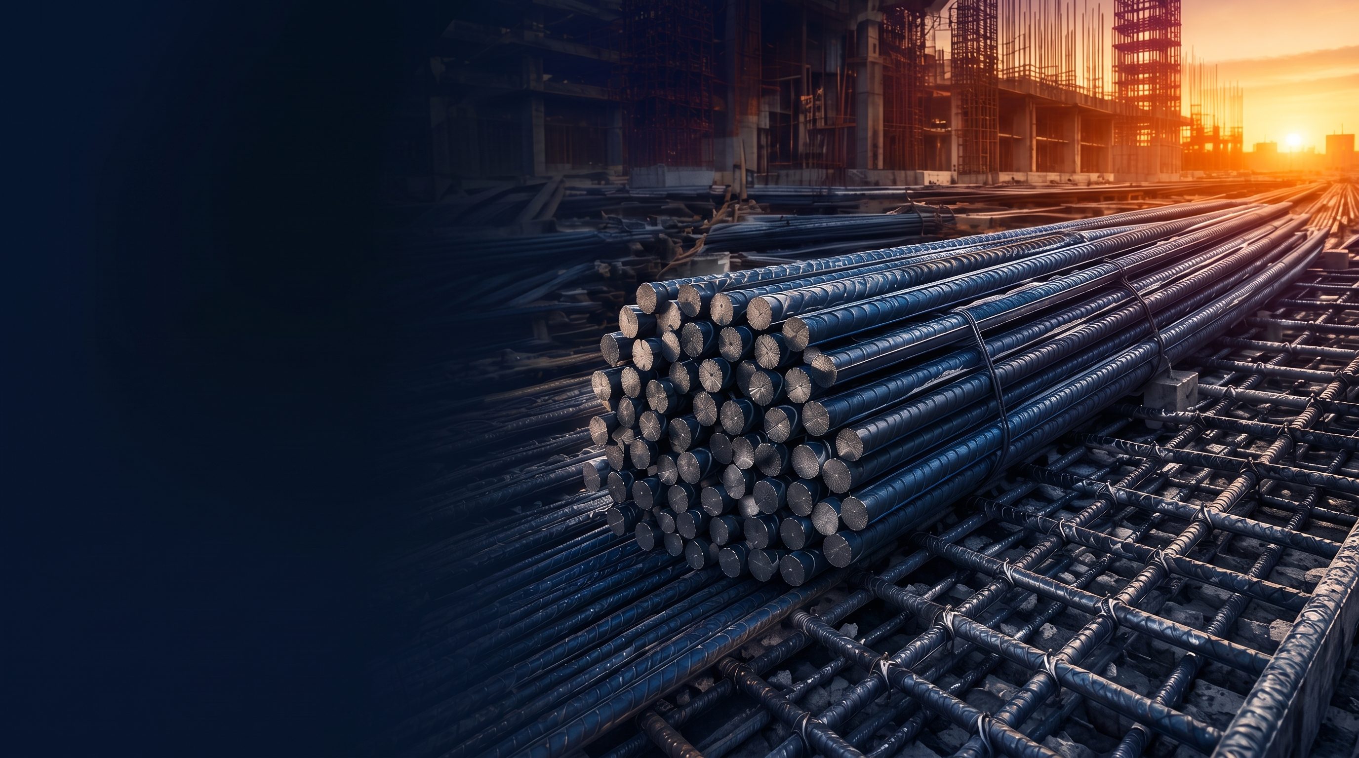 Bundled TMT reinforcement rebar and tied reinforcement mesh on a sunrise construction site, with a building under construction in the background