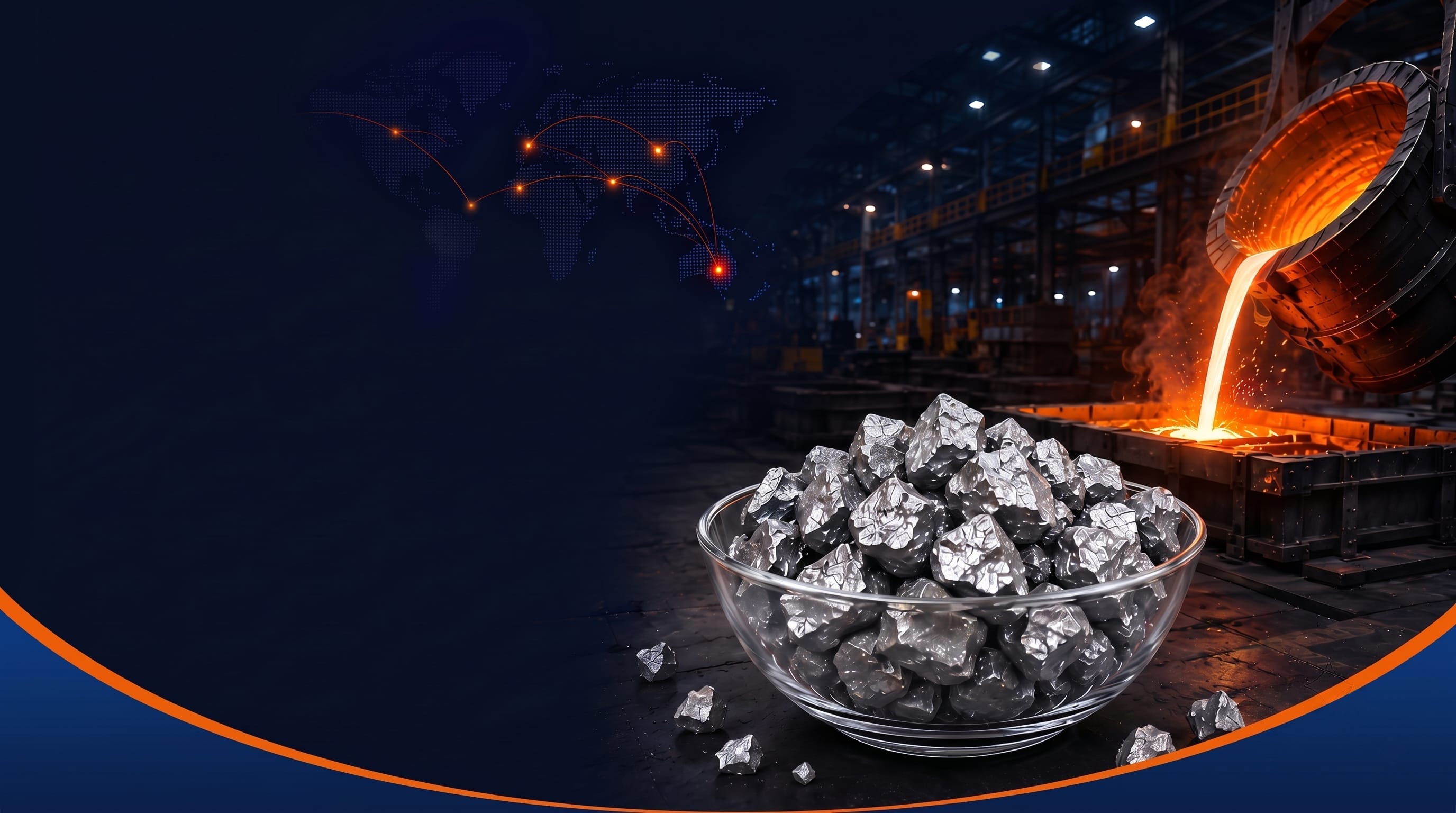 Molten ferro alloy pouring from a ladle in the furnace bay, with a glass bowl of dark metallic ferro-alloy lumps in the foreground and a digital world map showing global export routes