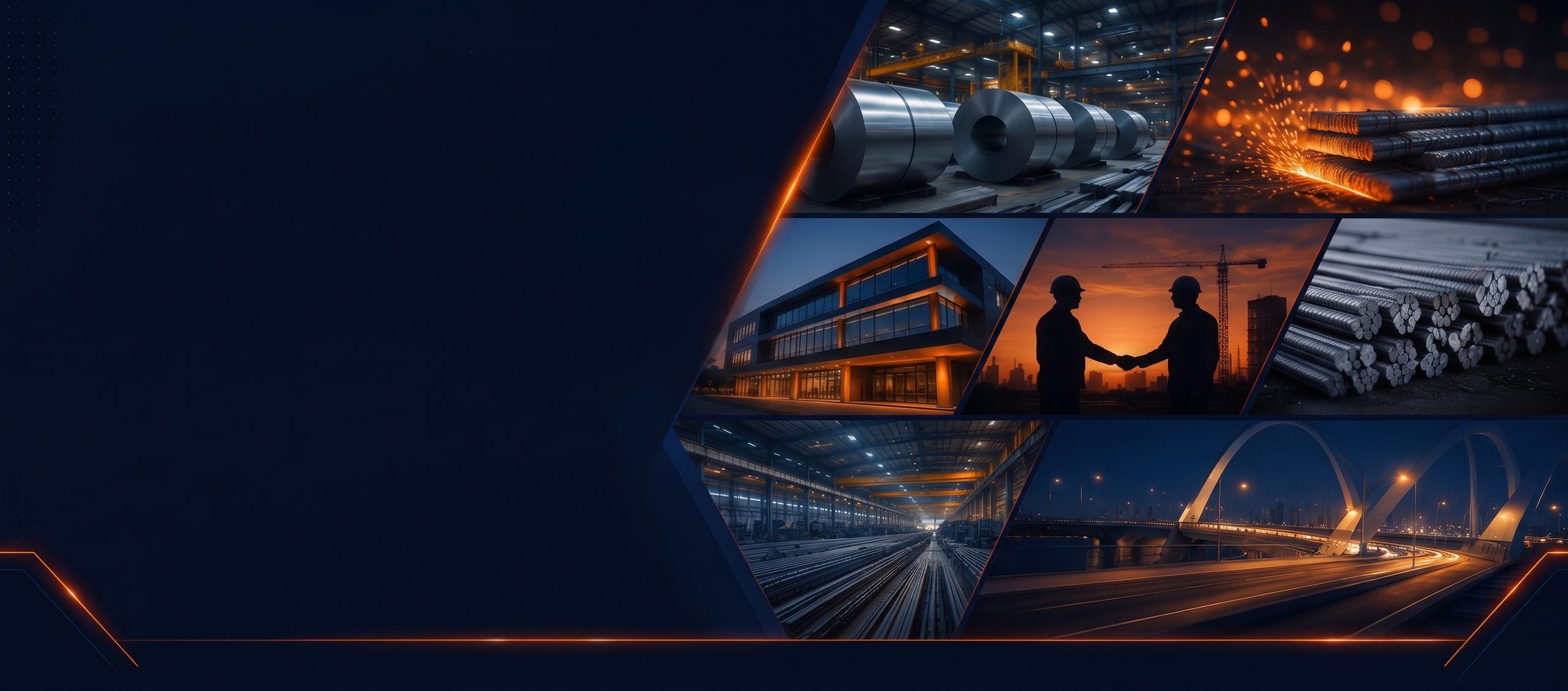 Our Gallery showcasing Shakambhari Group's manufacturing facilities, products, projects and team — steel coils, sparking rebar, a plant office, a business handshake, rod bundles, a mill aisle and a signature bridge