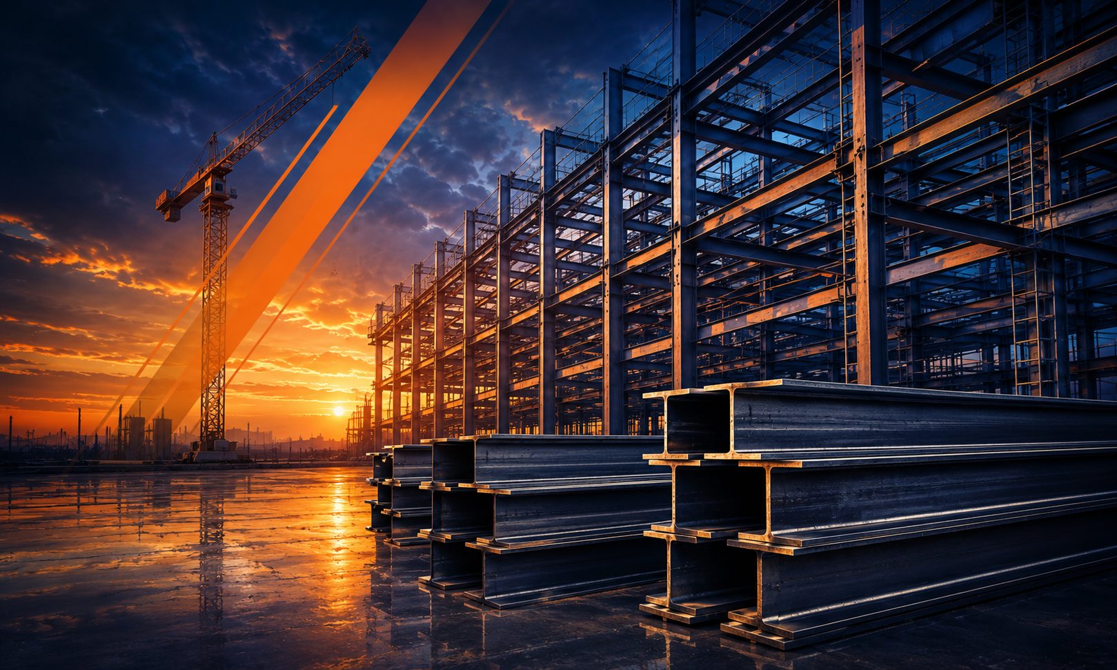 Towering structural steel frame under construction at sunset with a tower crane and a foreground stack of heavy H-beams