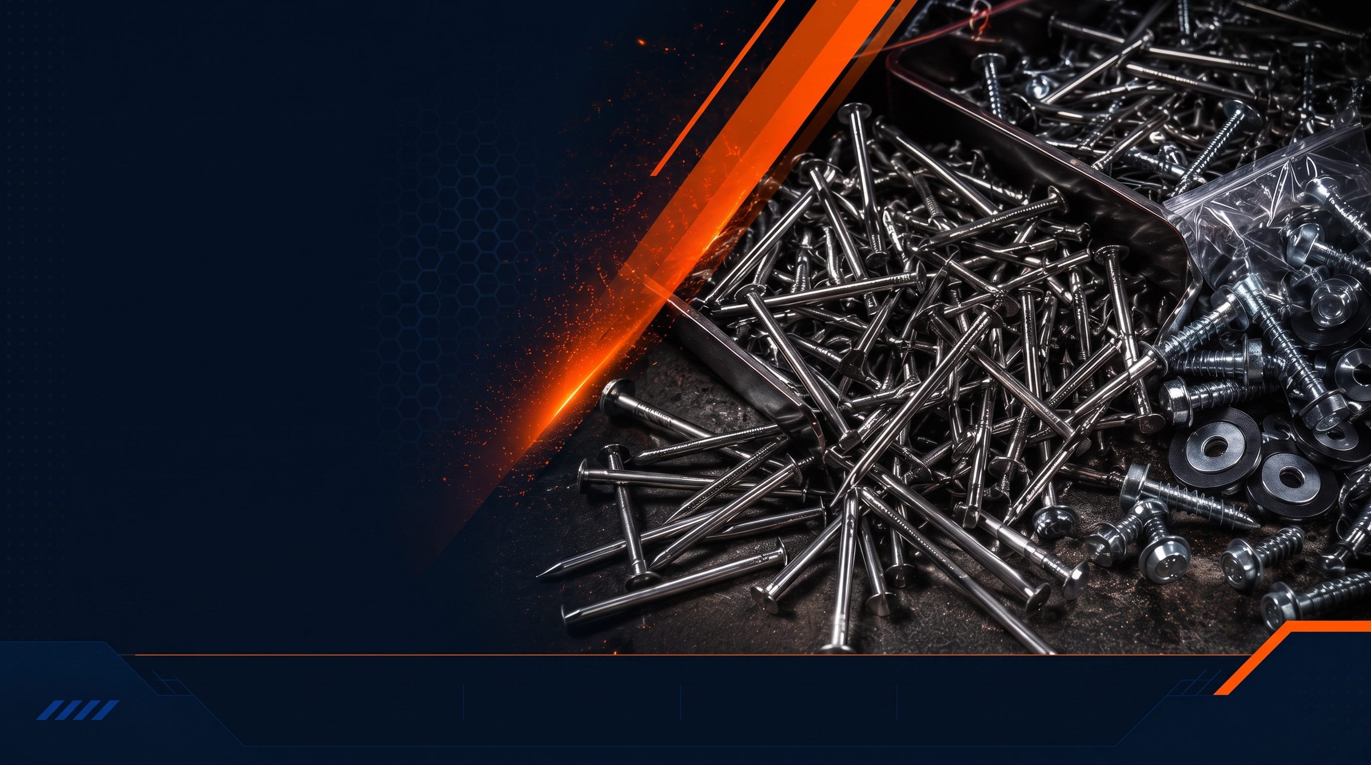 Pile of steel wire nails, screws, bolts and washers on a dark industrial bench with welding sparks and an orange diagonal light accent