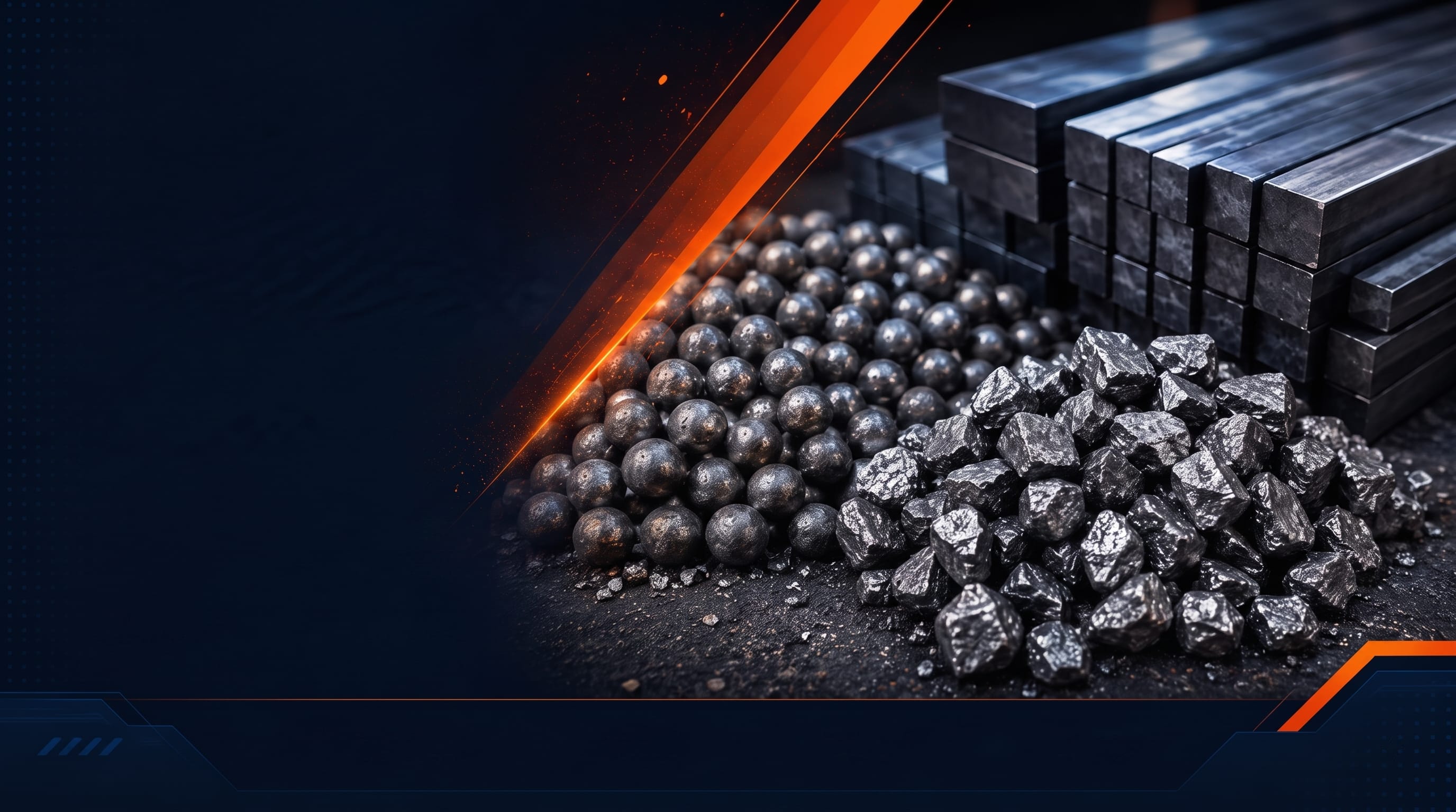 Metallic sponge iron pellets, crushed raw material and stacked steel billets with an orange diagonal light accent