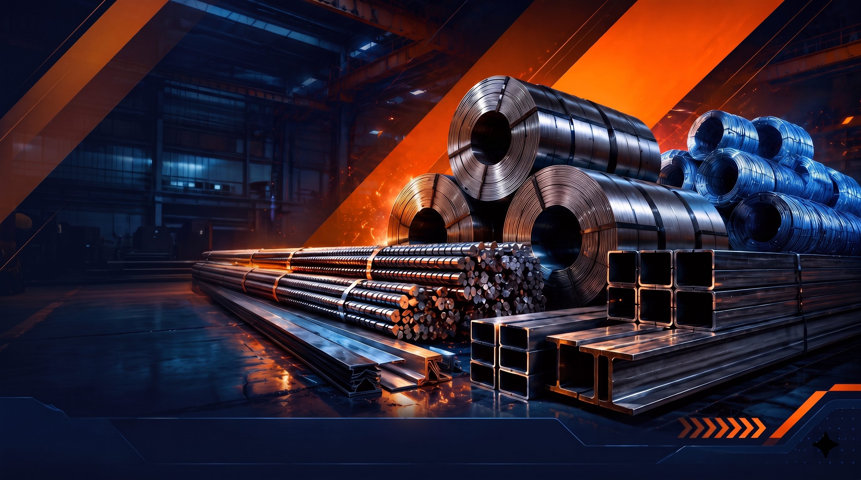 Steel coils, rebar bundles, hollow structural sections and blue wire coils stacked in an industrial steel warehouse