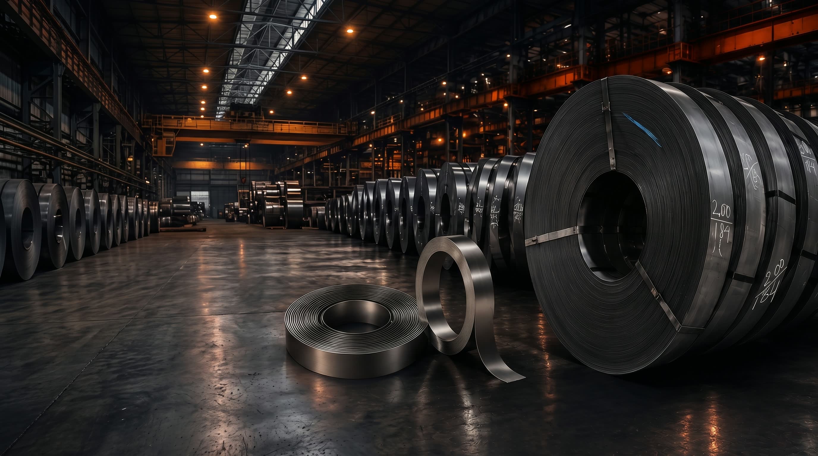 Rows of slit steel strip coils stacked in a factory aisle, with two loose strip rolls in the foreground and overhead crane rails lit in warm orange light