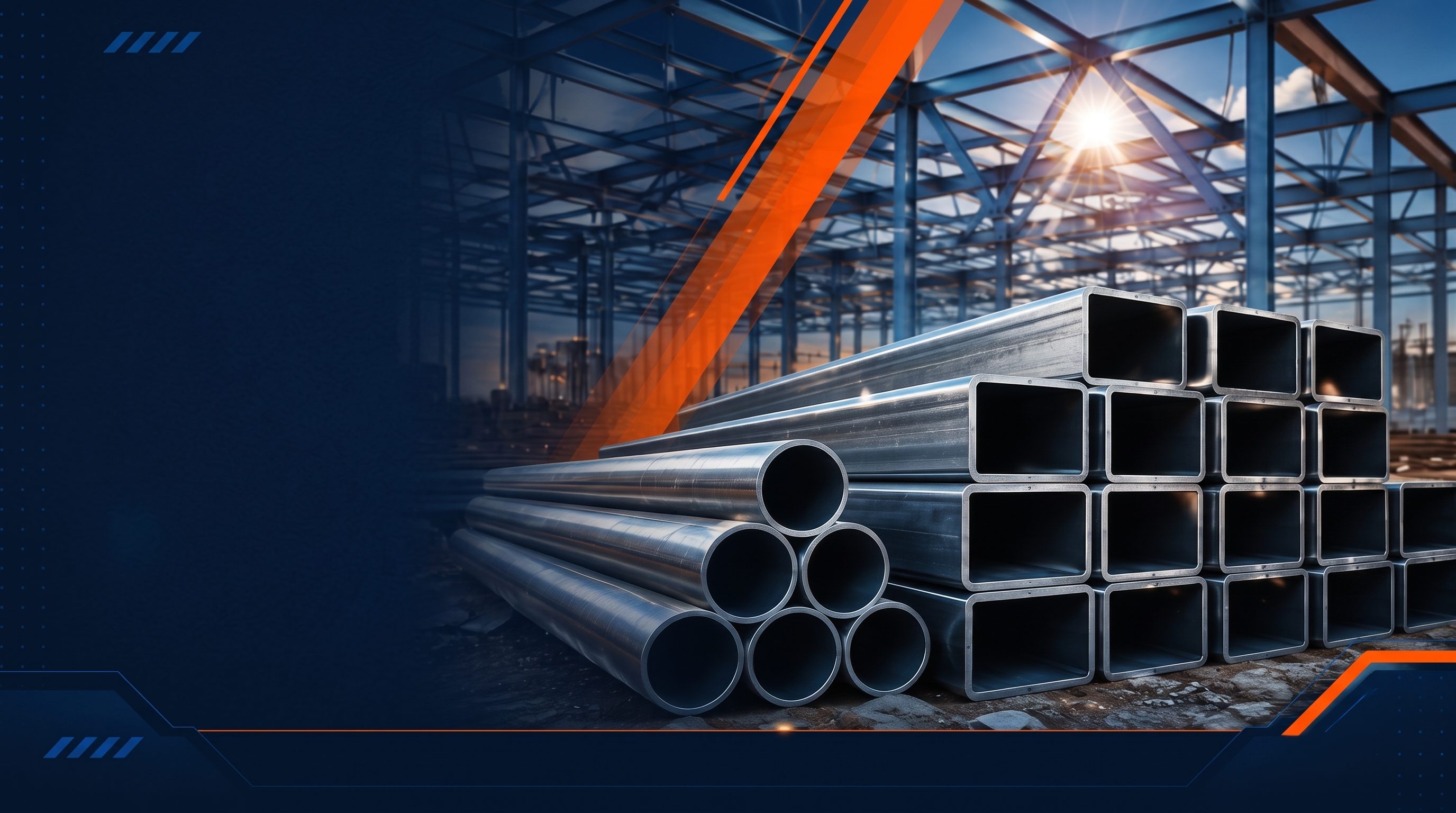 Stacked square structural steel tubes and round steel pipes inside a sunlit industrial steel-frame construction, with an orange diagonal light accent