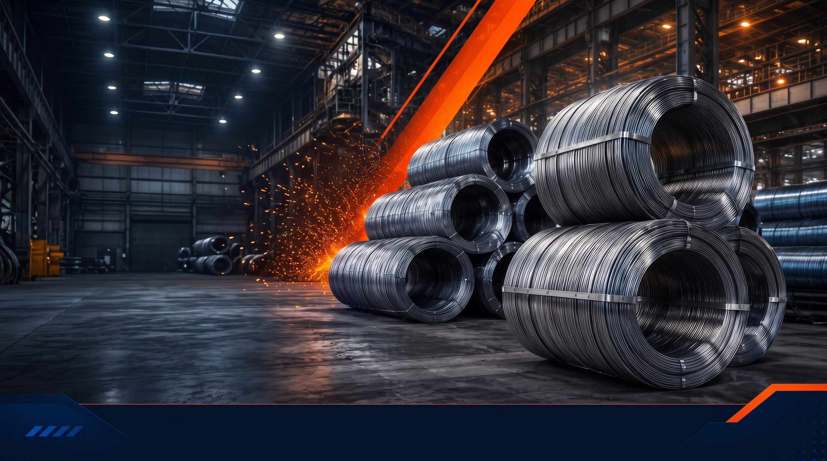 Large steel wire rod coils stacked in a dark industrial mill, with welding sparks flying and an orange diagonal light accent