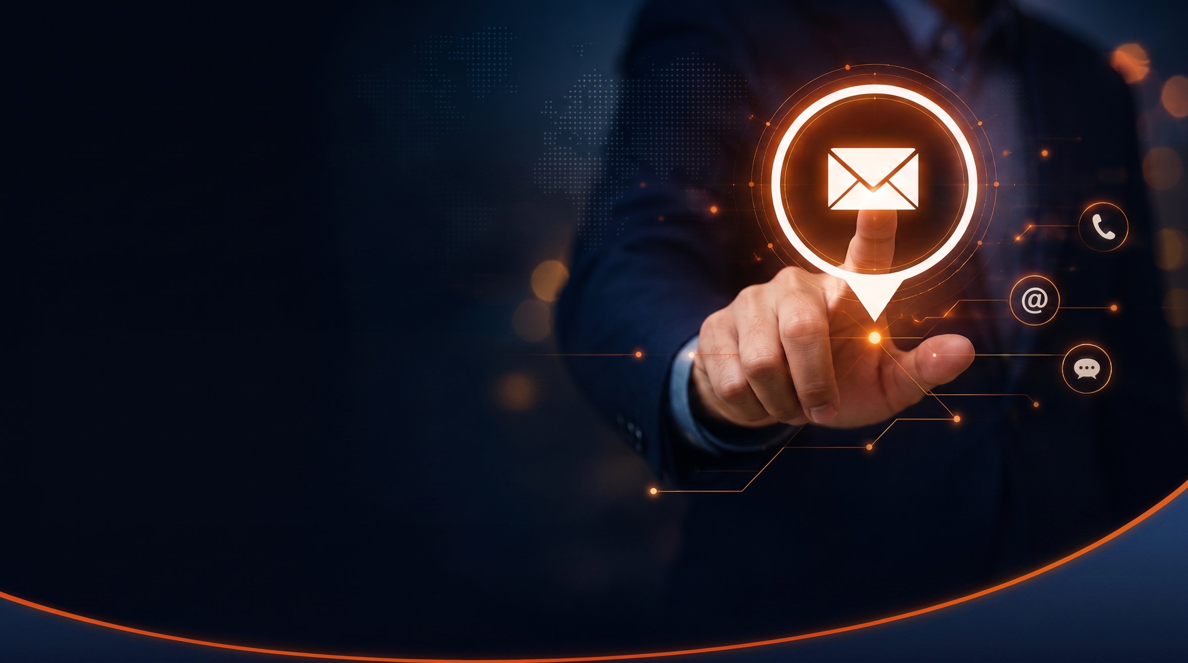 A professional reaching out to touch a glowing Contact Us interface, surrounded by icons for phone, email and chat