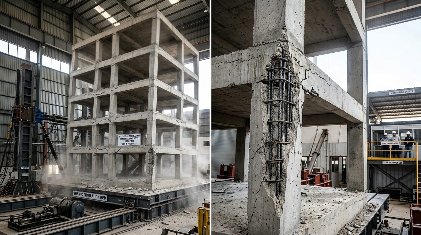 D-certified ductile TMT reinforcement steel undergoing seismic simulation testing on a full-scale concrete frame