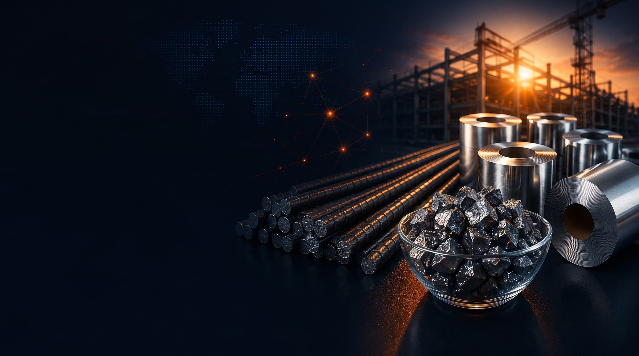 Steel rebar, rolled steel coils and ferro-alloy material staged at an industrial construction site during sunset