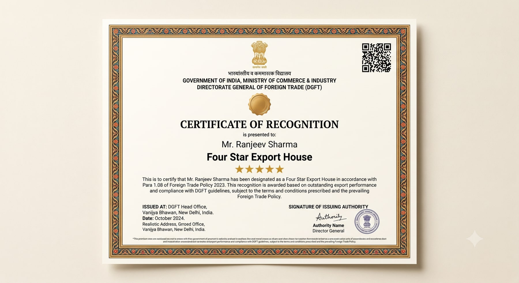 Four Star Export House Certification