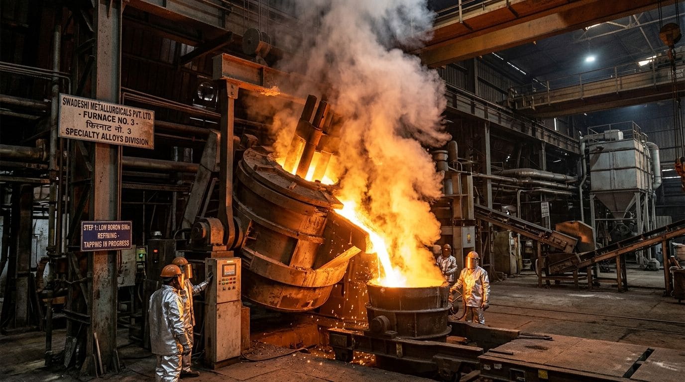 Submerged Arc Furnace tapping molten ferro alloy at the Shakambhari facility