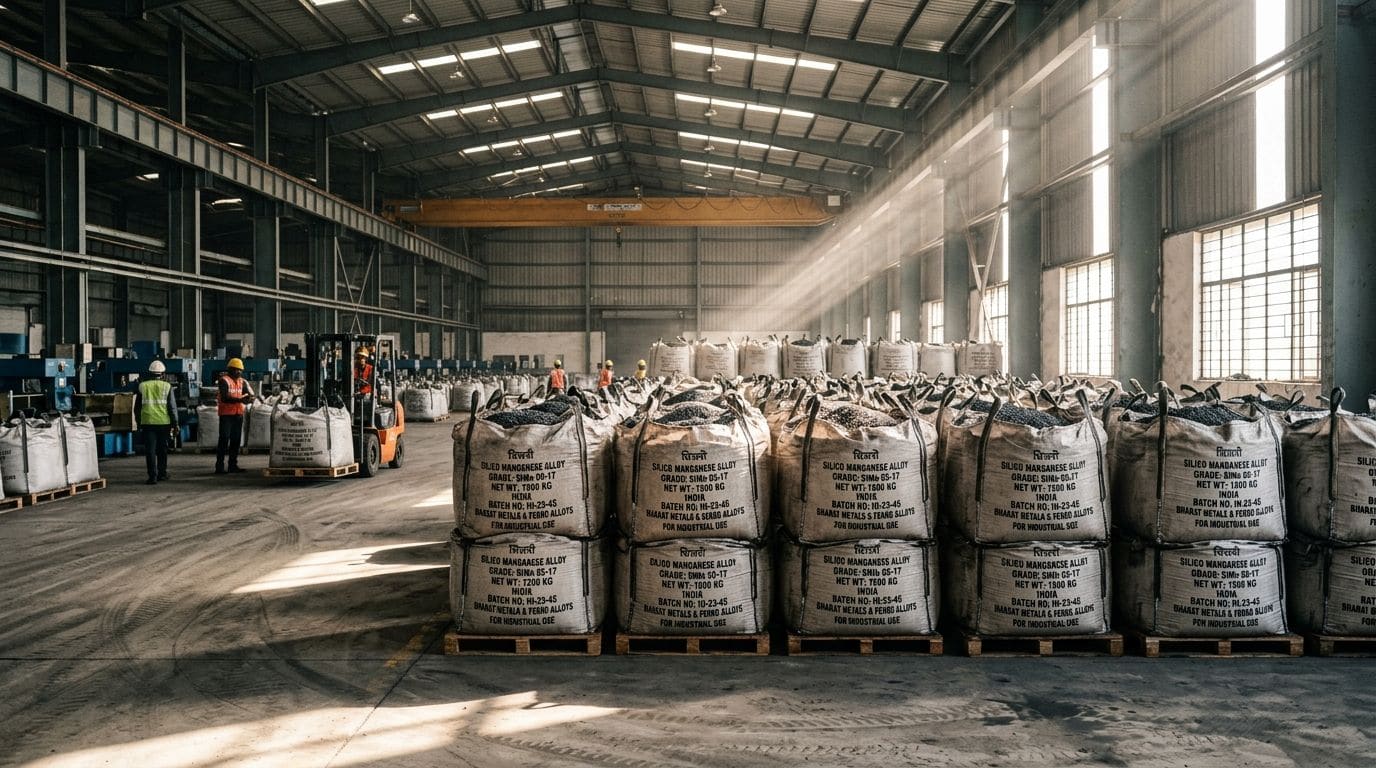 Jumbo bags of silico manganese alloy staged in the dispatch warehouse
