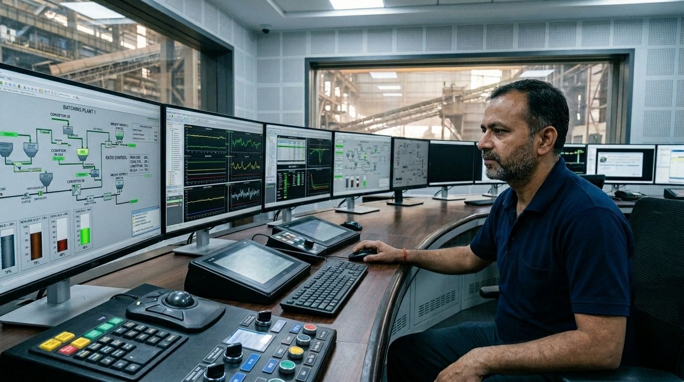 Engineer monitoring PLC batch charging system in the control room