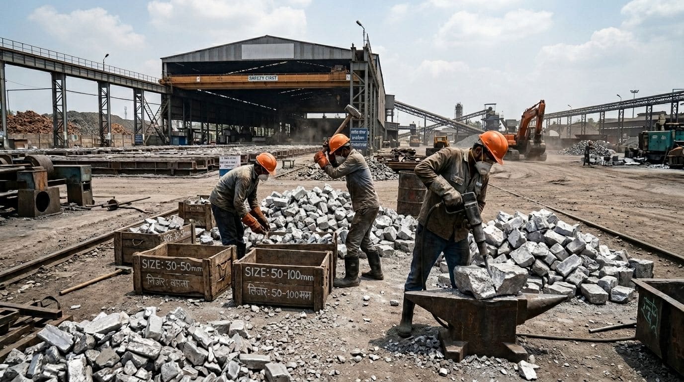 Workers sizing cooled ferro alloy lumps in the finished yard