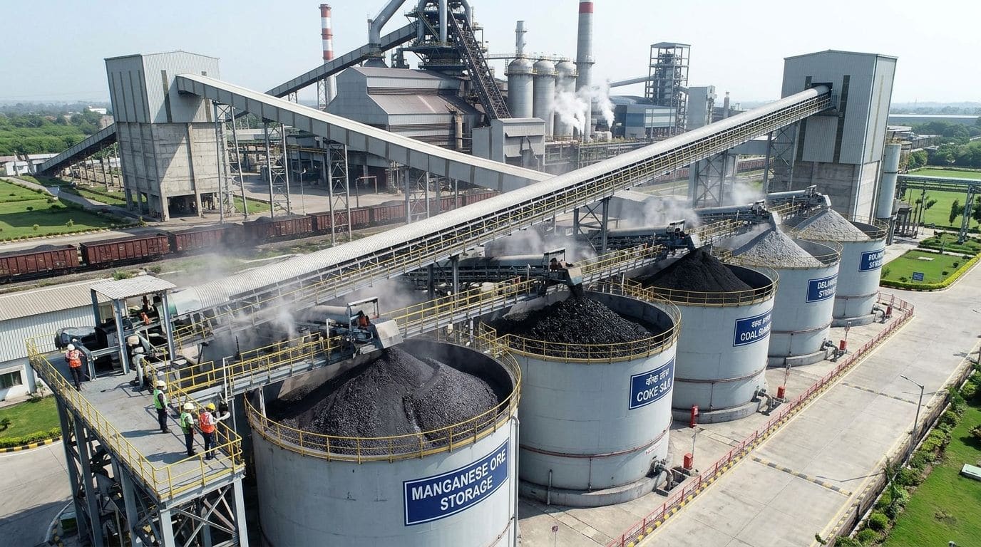 Manganese ore, coke, coal and dolomite storage silos with conveyor feed