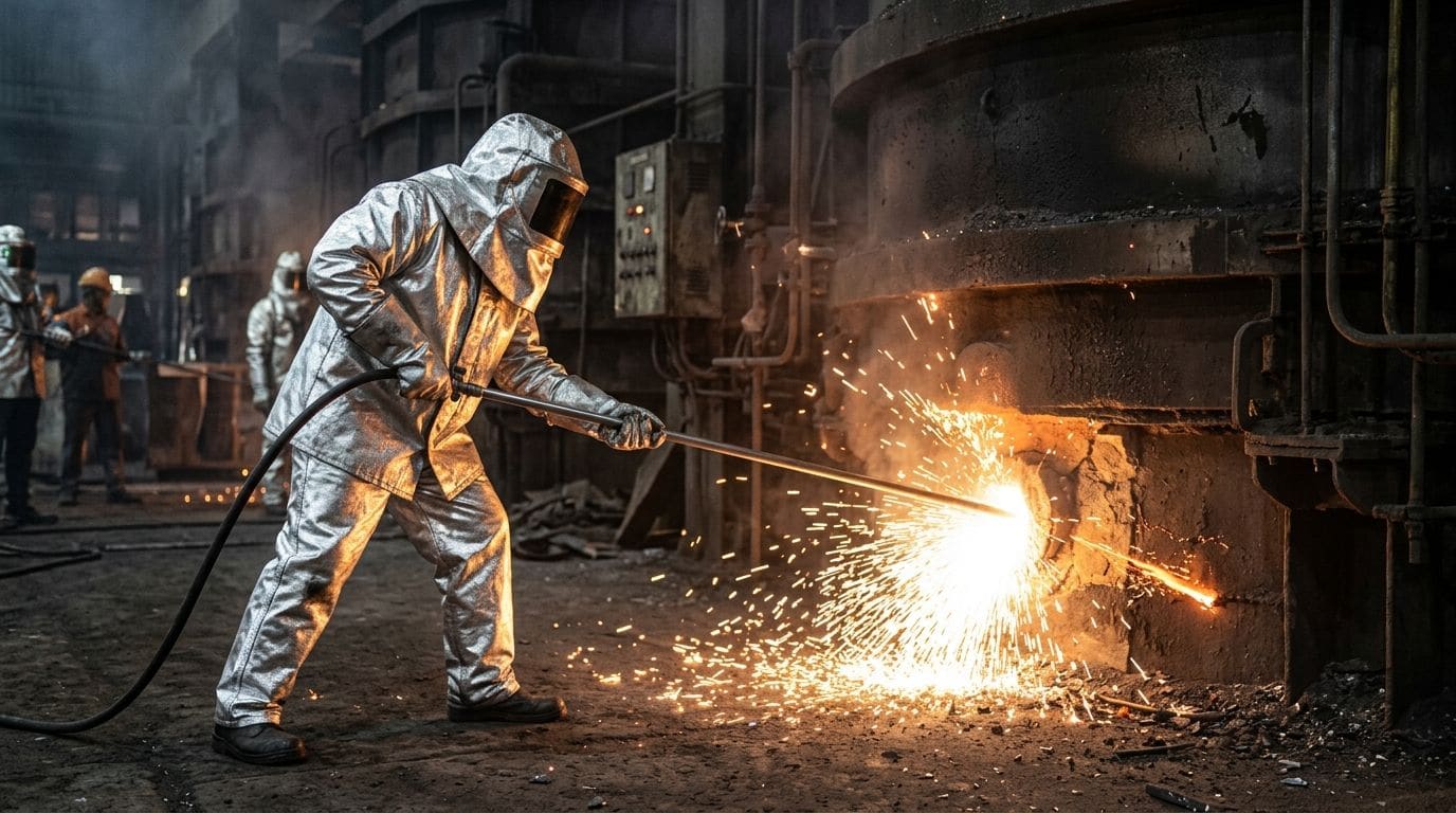 Worker performing oxygen lancing to open the furnace tap hole