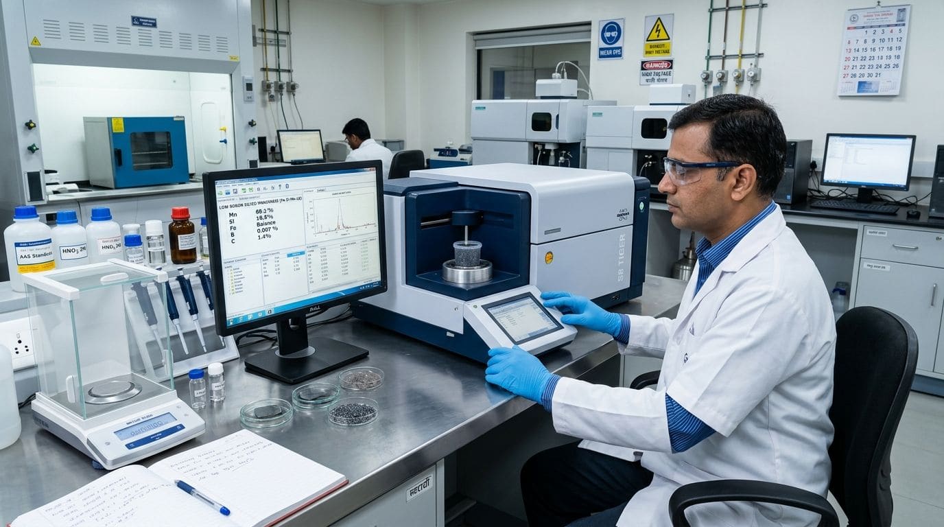 Metallurgist analyzing ferro alloy composition on an XRF analyzer