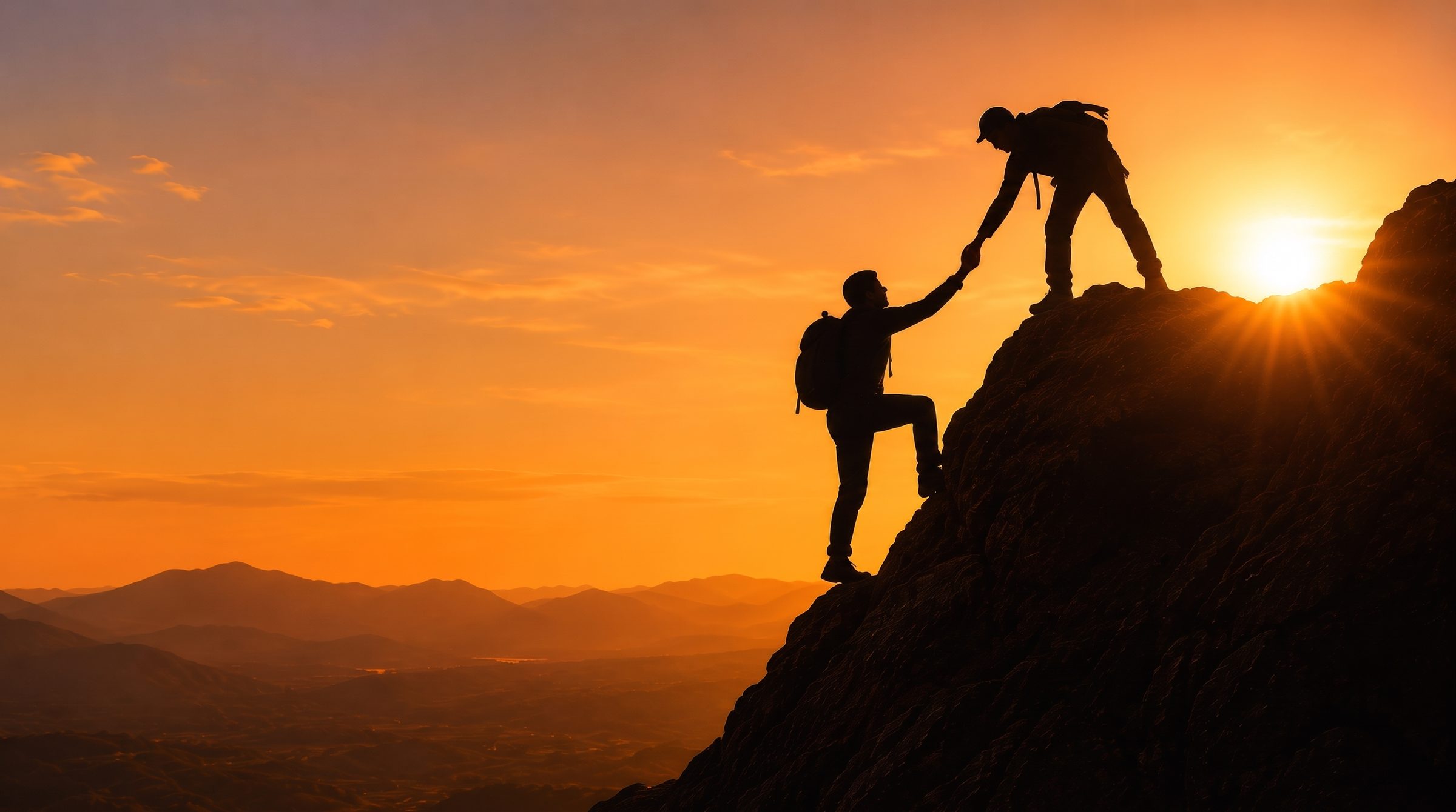 Two climbers helping each other reach the summit at sunset