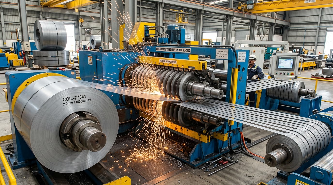 Rotary slitting line cutting a wide steel coil into narrow strips