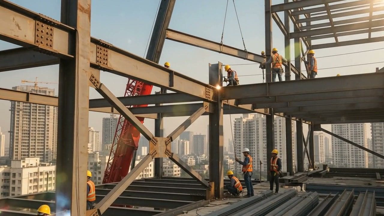 Workers welding a structural steel frame on a high-rise construction site