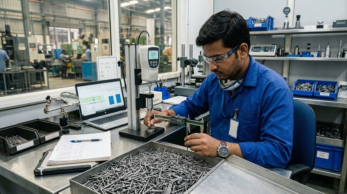 Technician inspecting industrial wire nails for quality