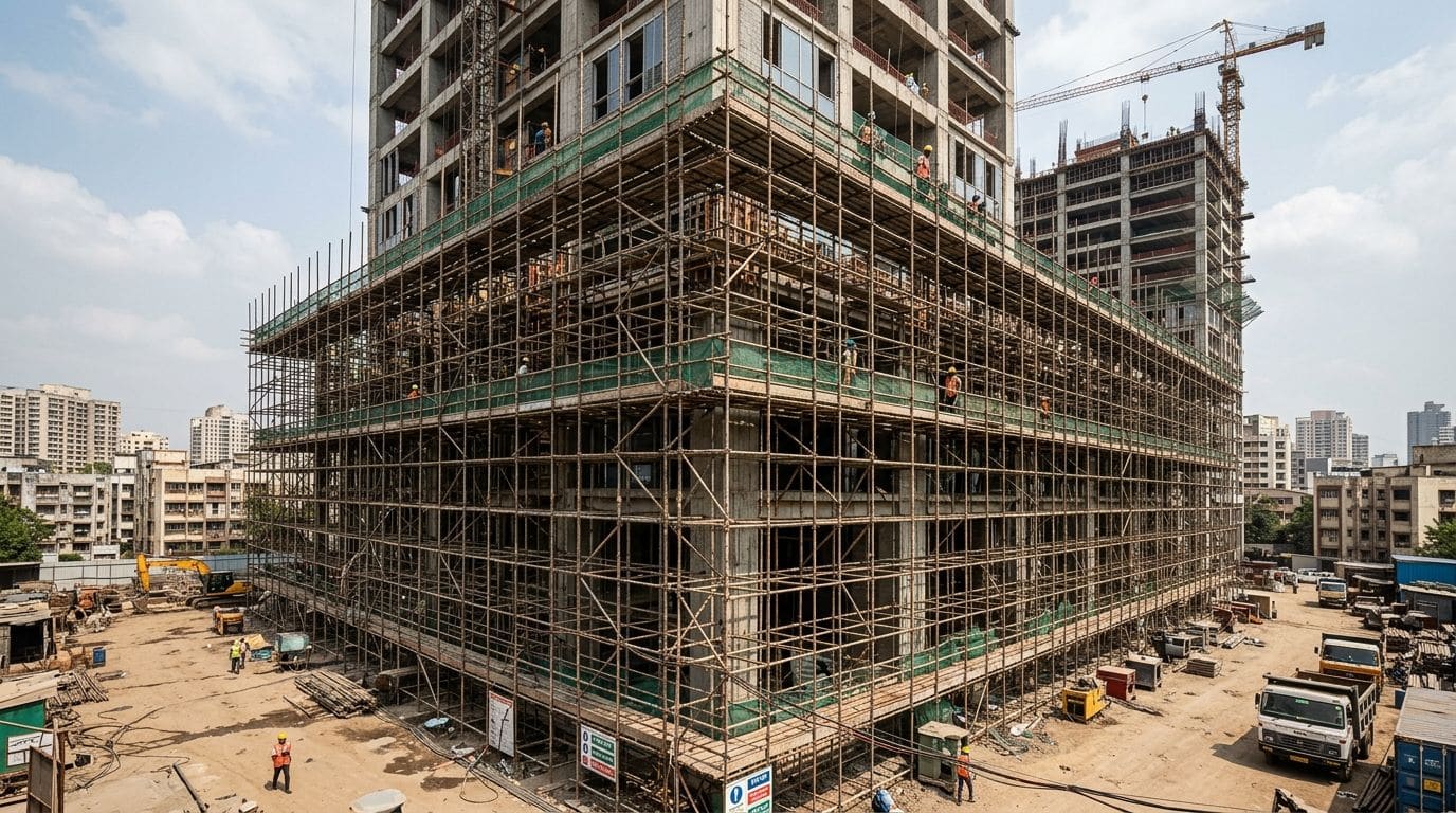 Steel scaffolding cage supporting a high-rise building under construction