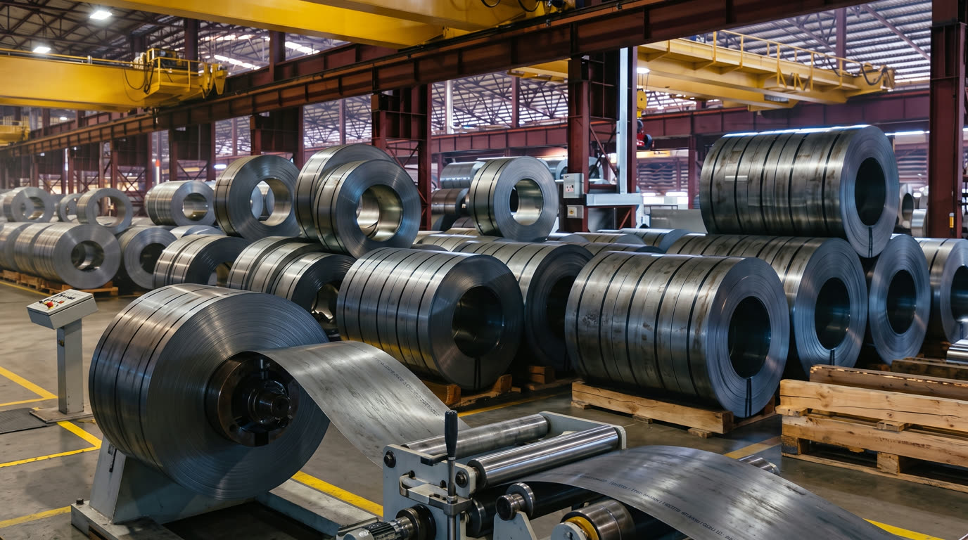 Rotary slitting machine cutting a wide steel master coil into narrow strips