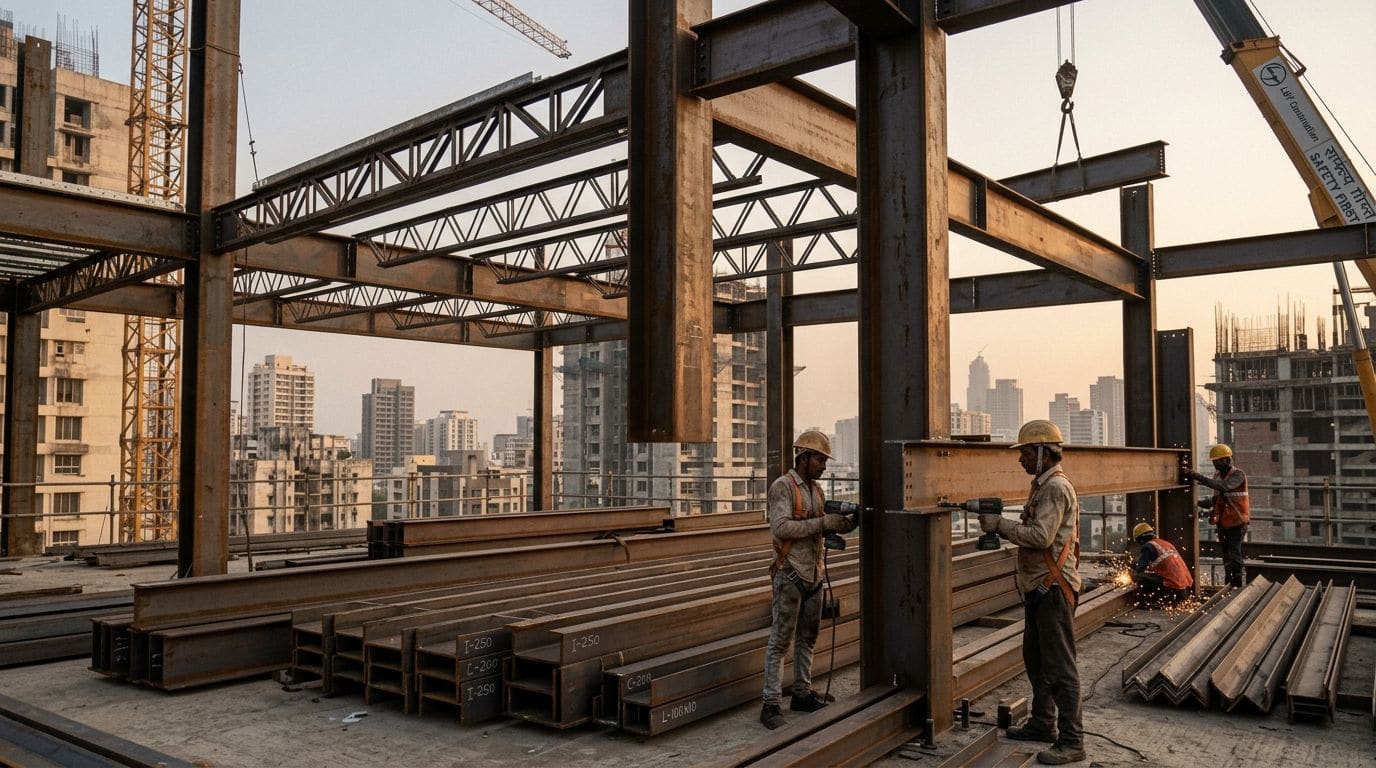 Structural steel angle framing rising against a city skyline