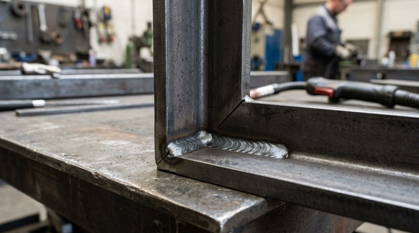 Welder joining a structural steel angle bracket