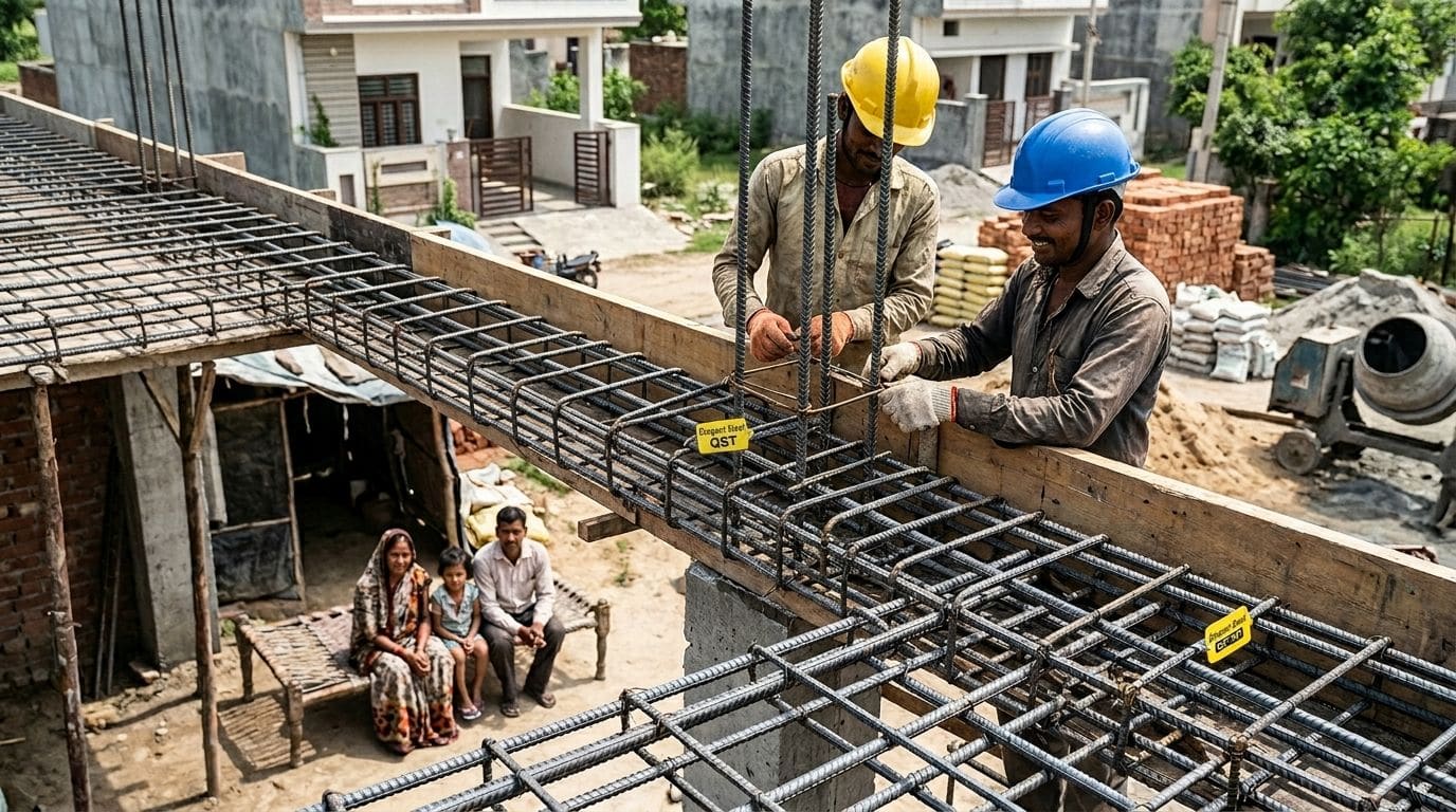 Workers tying TMT rebar to spec on a construction site