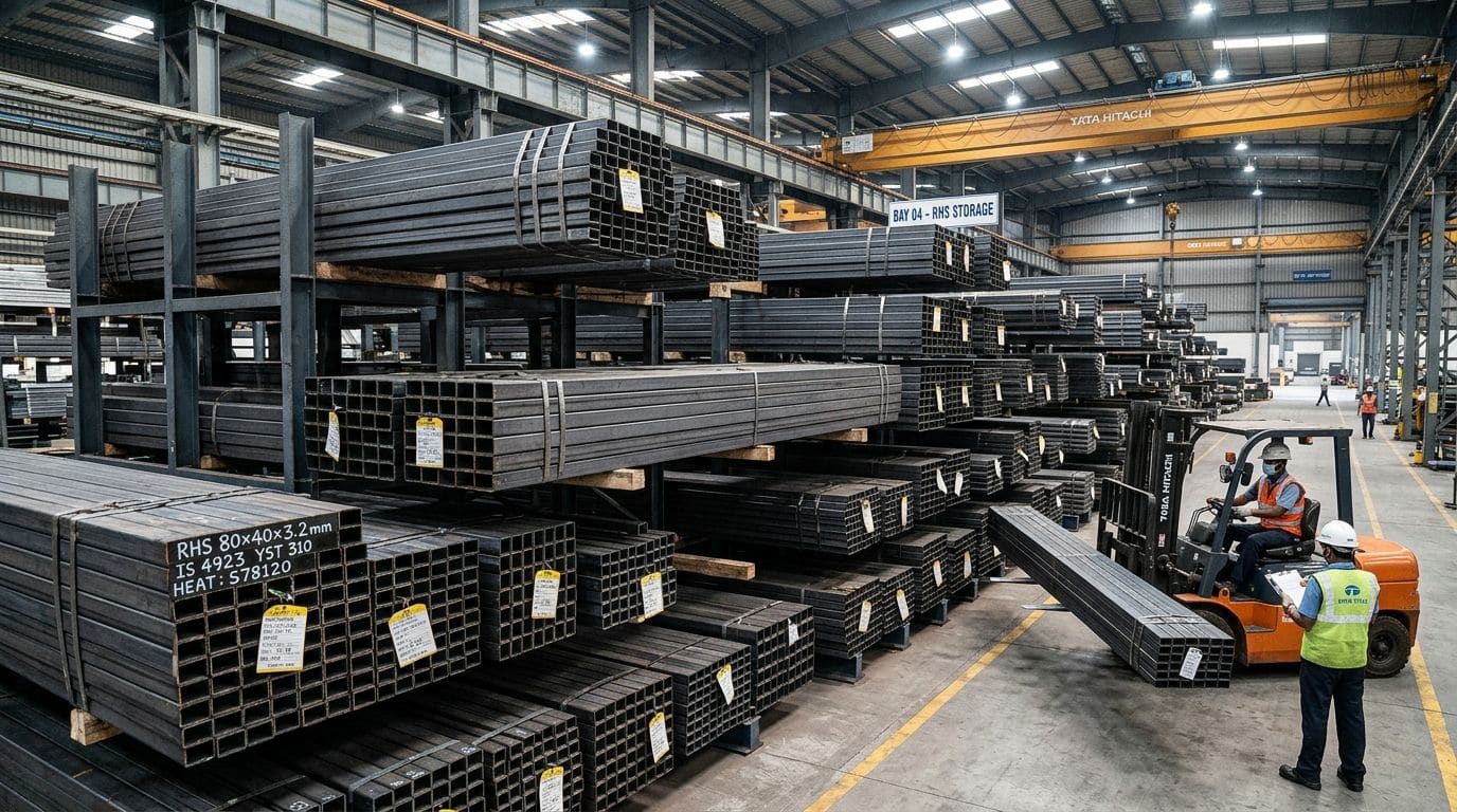 ERW round structural tubes stacked in the warehouse