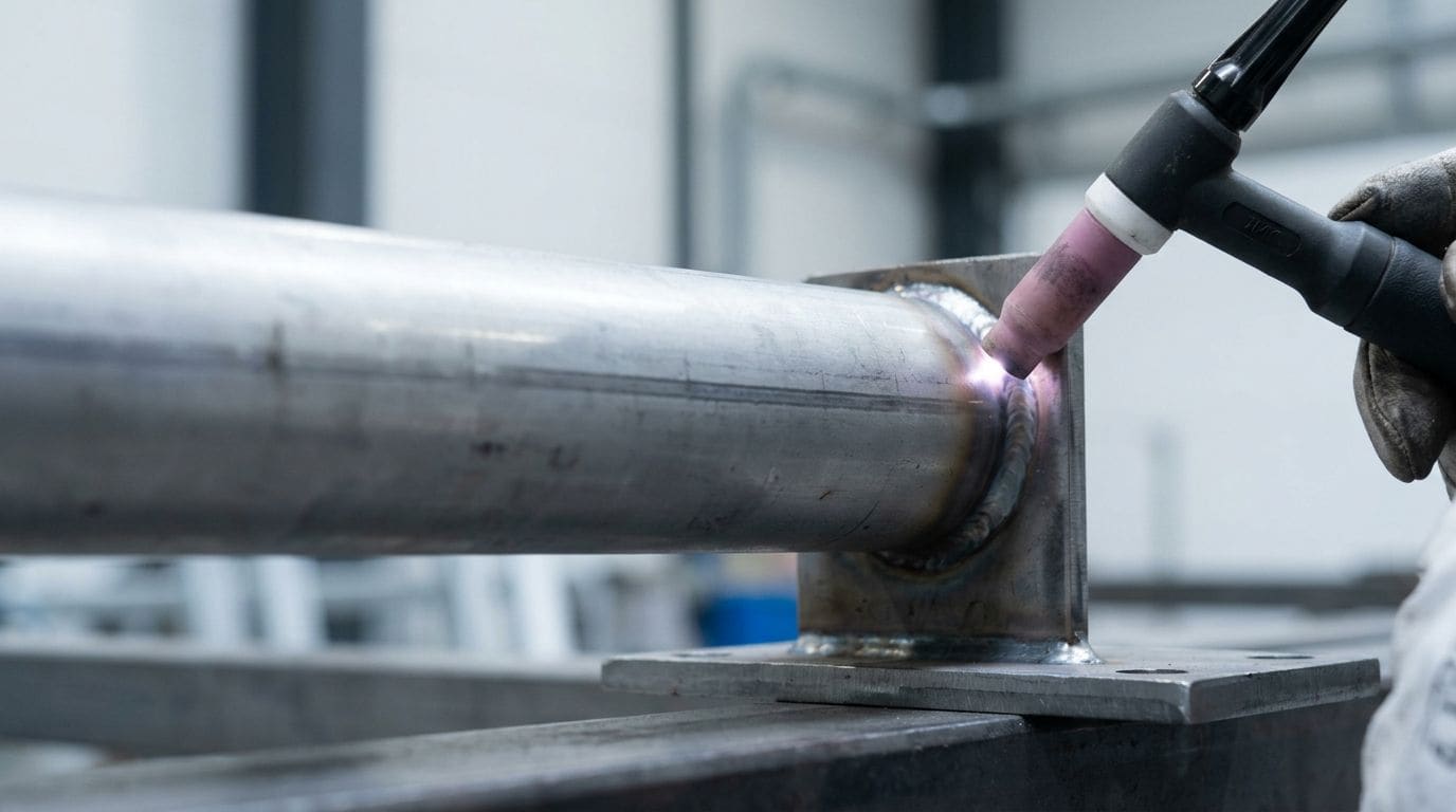 Welder joining a structural steel tube to a bracket