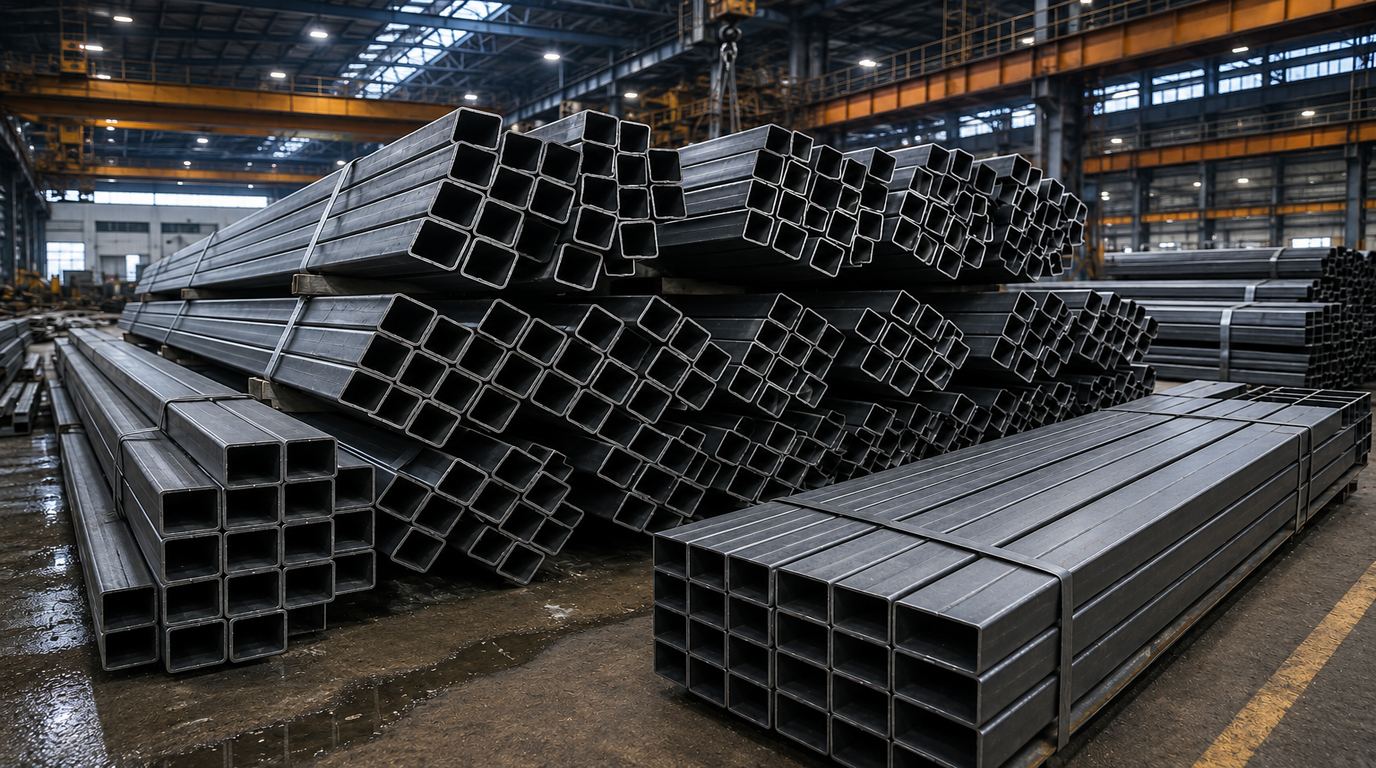 Rectangular Hollow Section (RHS) pipes tagged and stacked in the warehouse