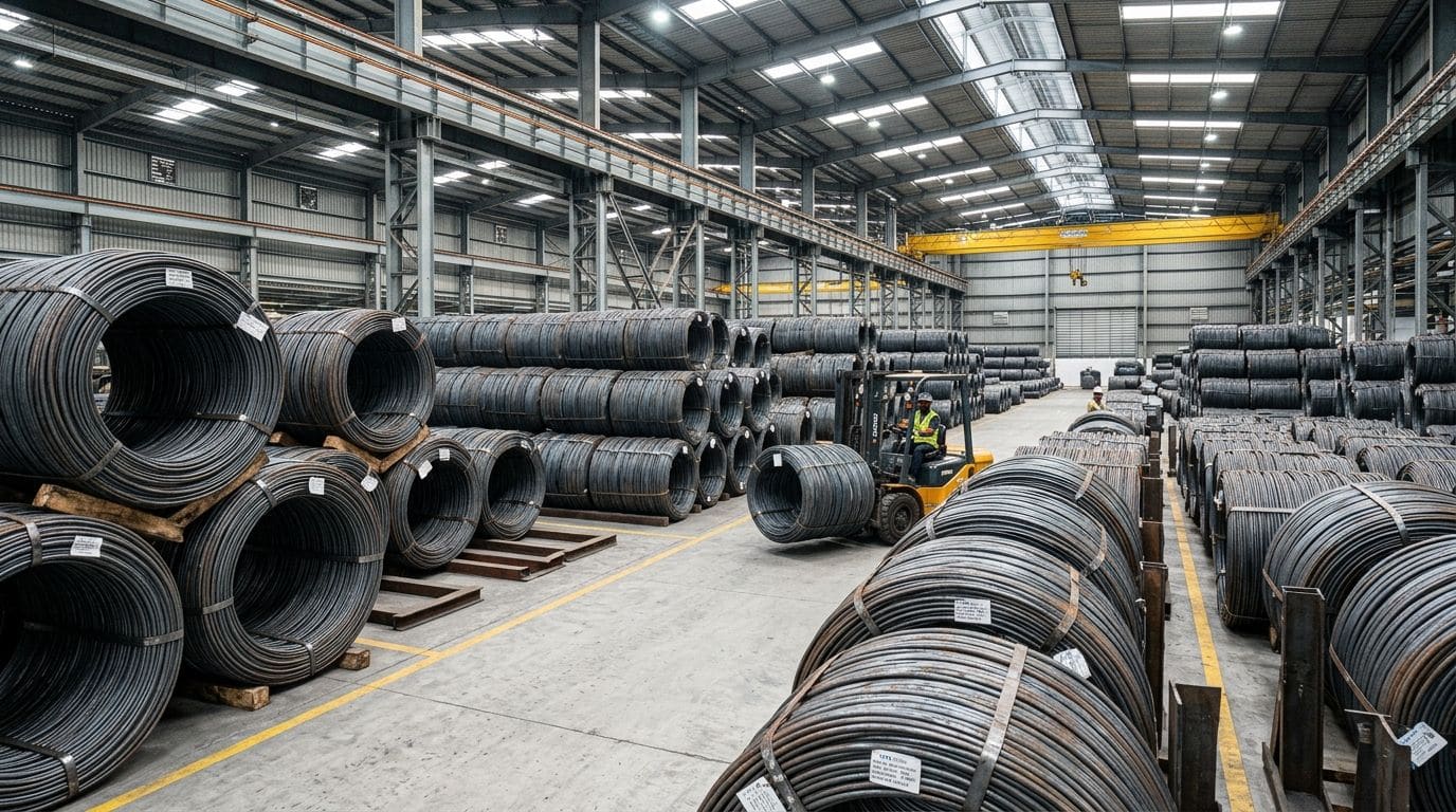 Primary industrial wire rod coils stacked in the warehouse