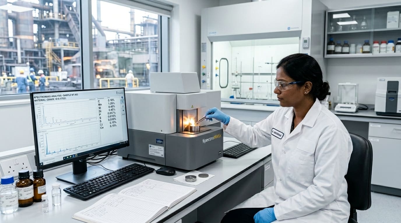 Chemist analyzing a steel sample in the lab