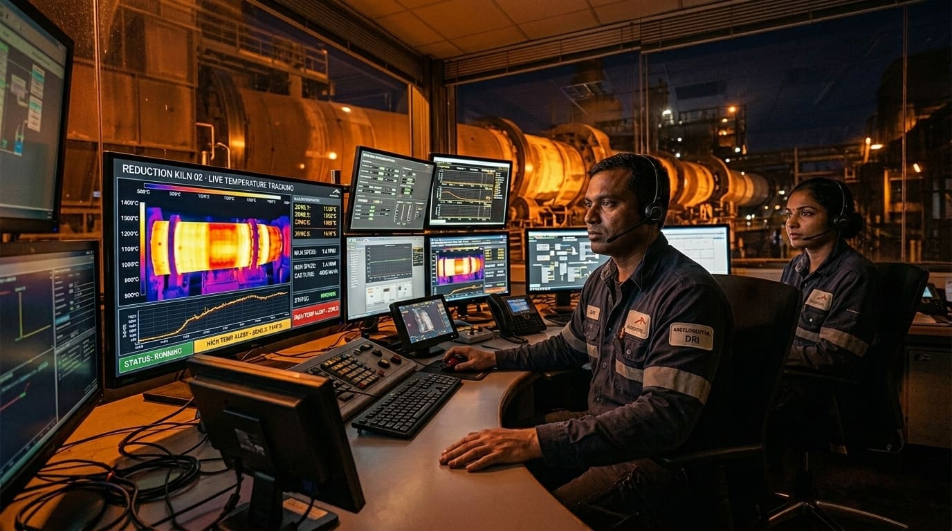 Operators monitoring kiln temperature
