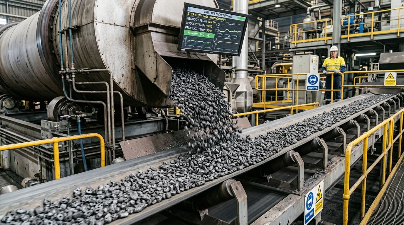 Sponge iron output on the conveyor