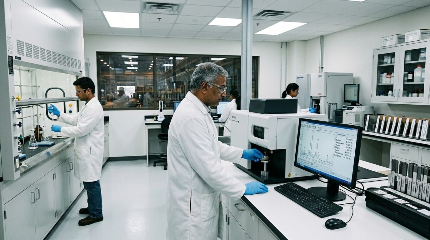 Technicians testing material chemistry