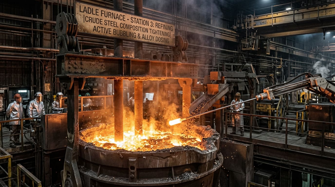 Crude liquid steel being refined