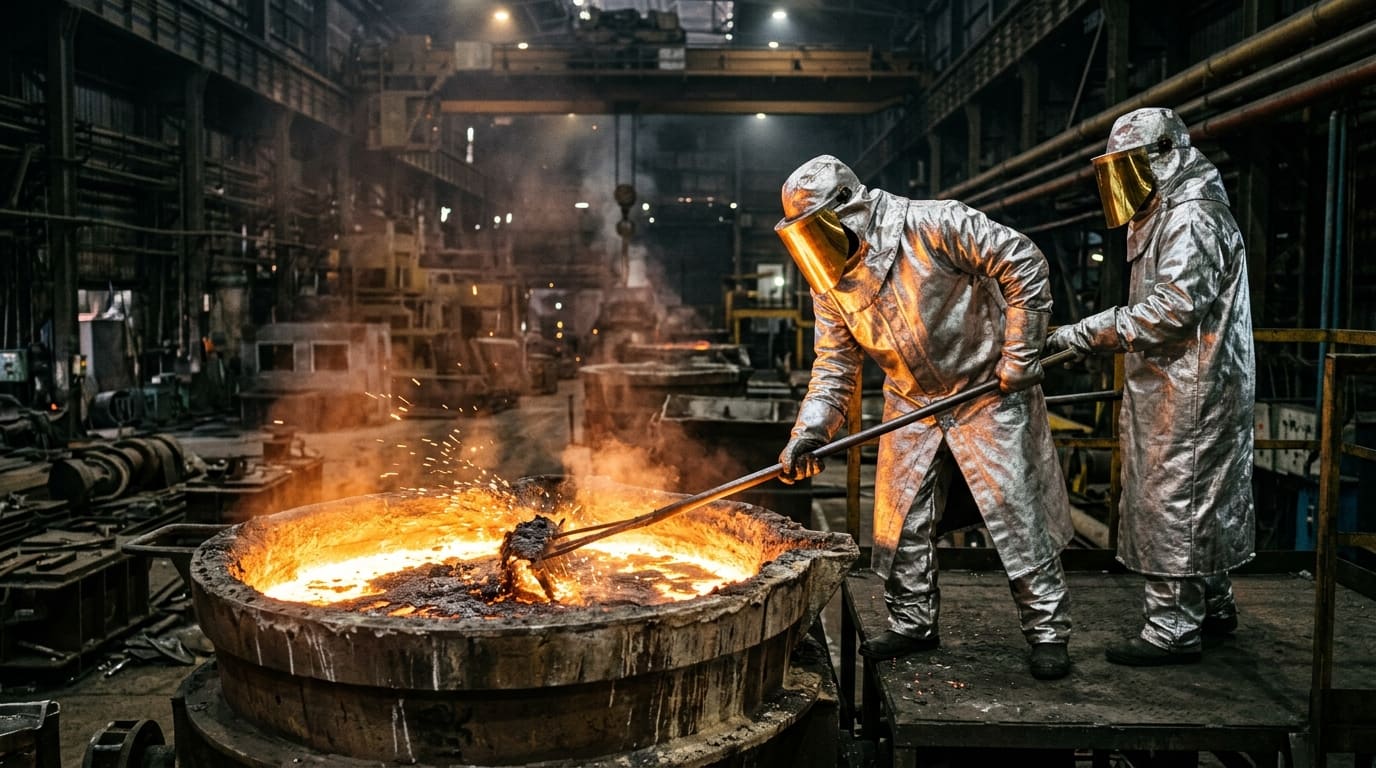 Steelworkers skimming slag off the melt