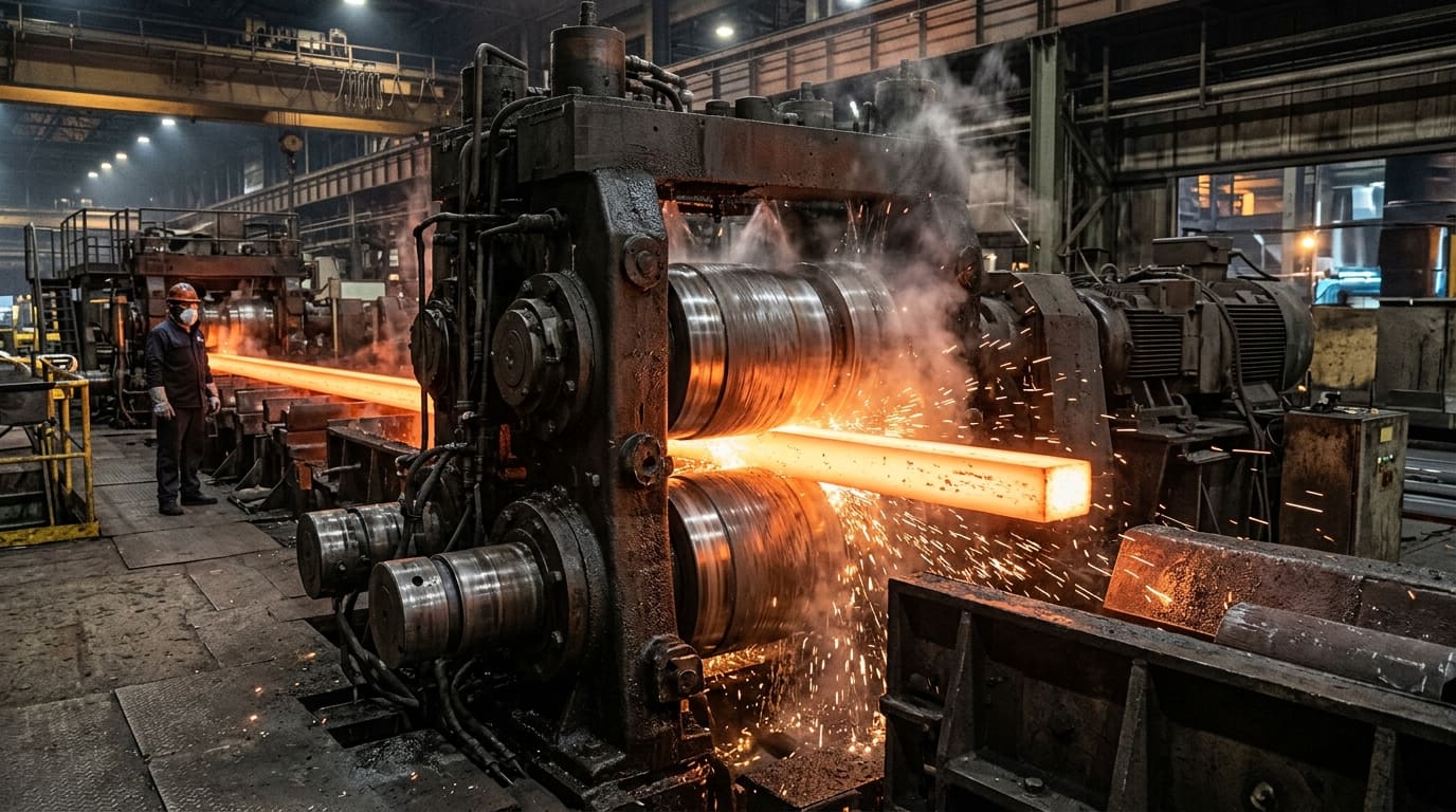 Rollers compressing a steel billet