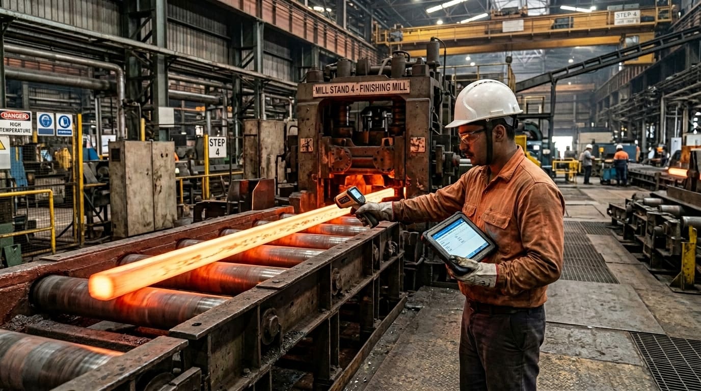 Technician measuring steel bar thickness