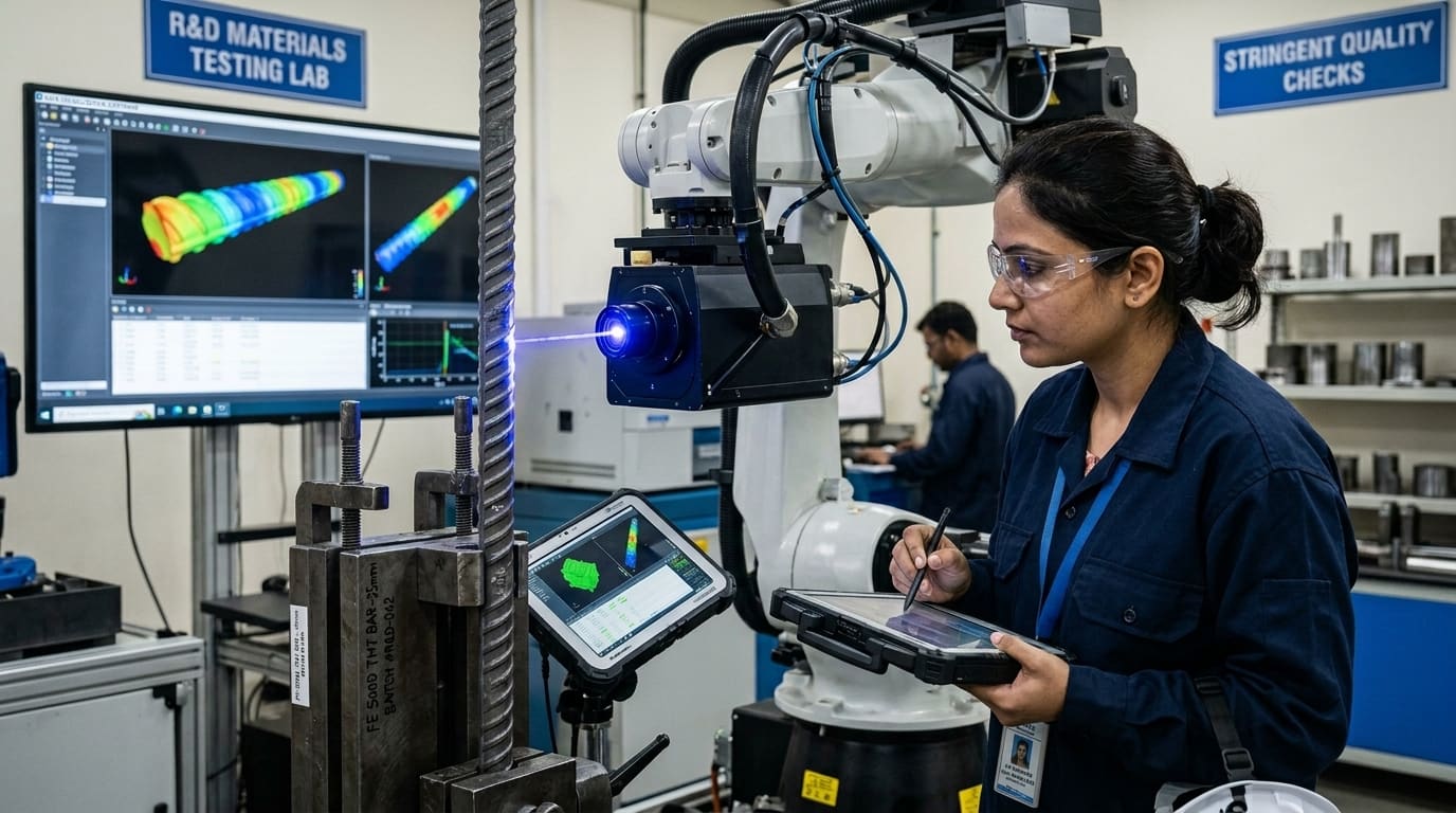 Engineer inspecting finished TMT bars