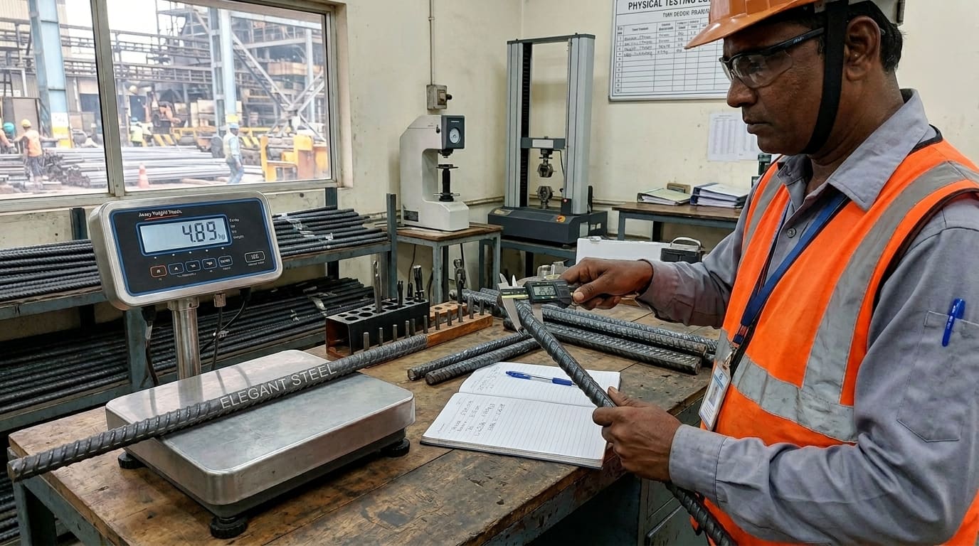 Inspector testing steel bar dimensions
