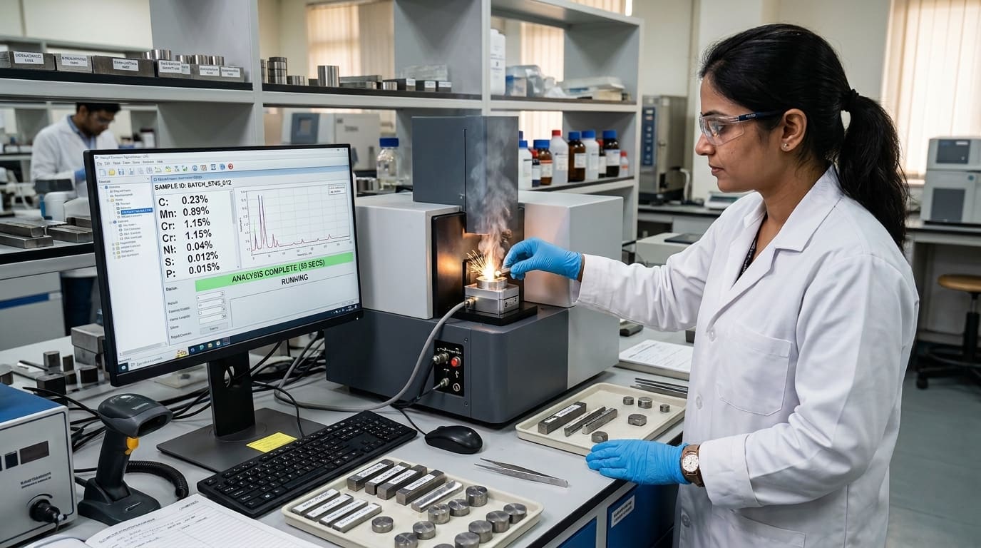 Researcher analyzing steel bar strength