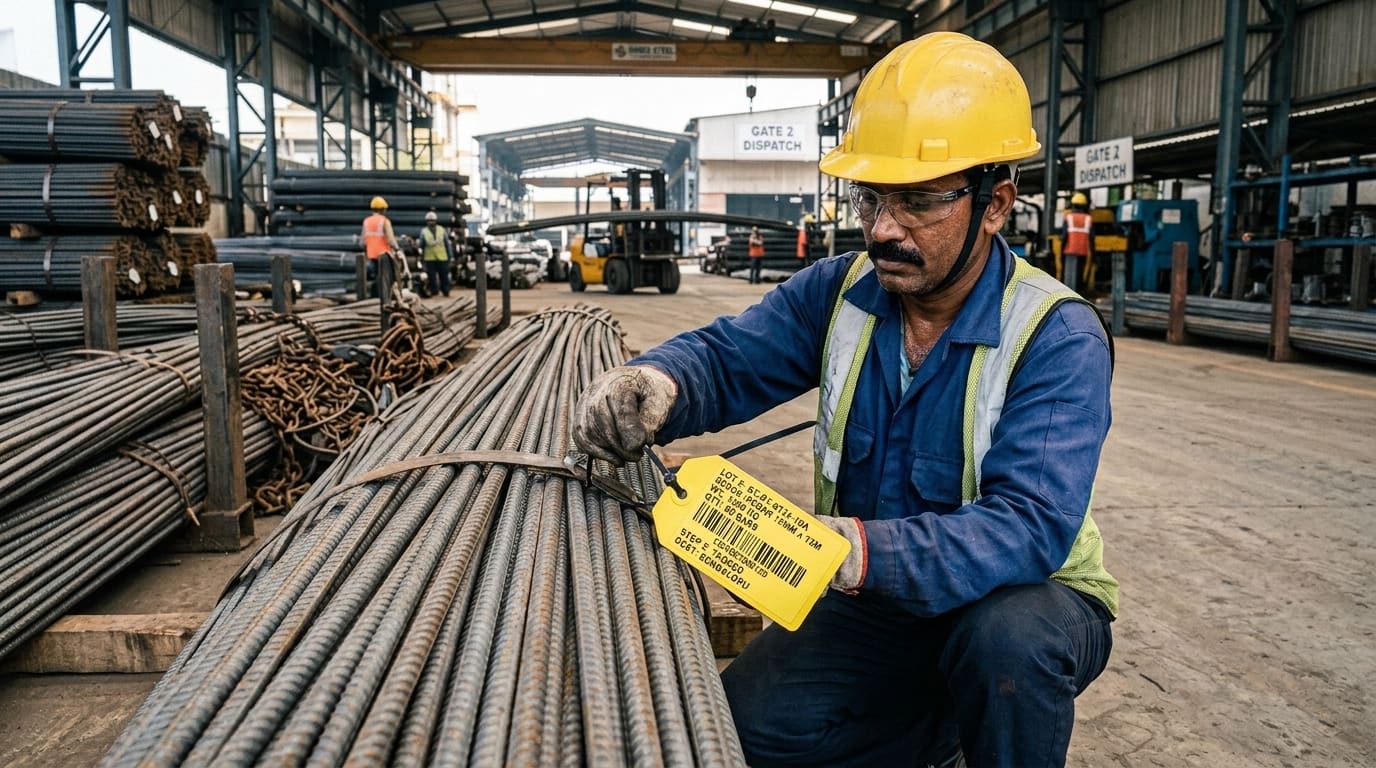 Warehouse worker tagging steel bars